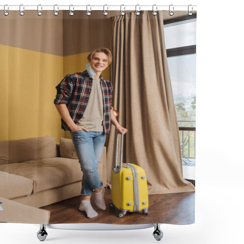 Personality  Happy Man In Medical Mask Standing With Hand In Pocket Near Baggage, End Of Quarantine Concept Shower Curtains