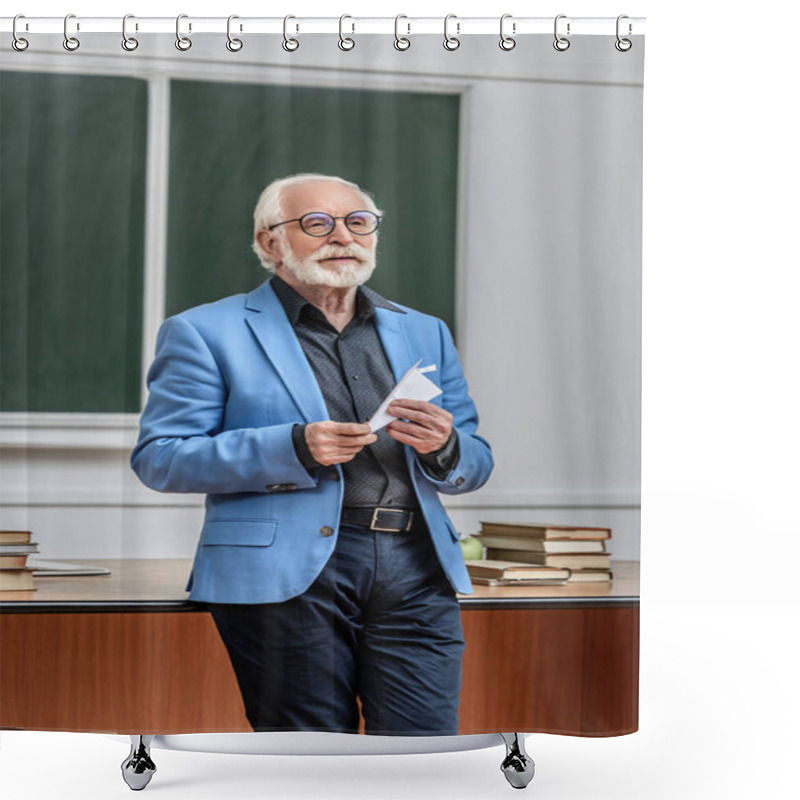 Personality  Grey Hair Professor Holding Paper Plane In Lecture Hall Shower Curtains