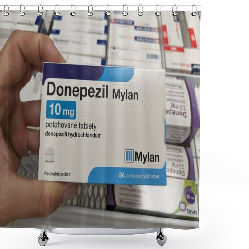 Personality  Prague, Czech Republic - July 10 2024: DONEPEZIL MYLAN Box Of Medication With DONEPEZIL Active Substance By MYLAN, Used For Treatment Of Alzheimer's Disease And Dementia. Shower Curtains