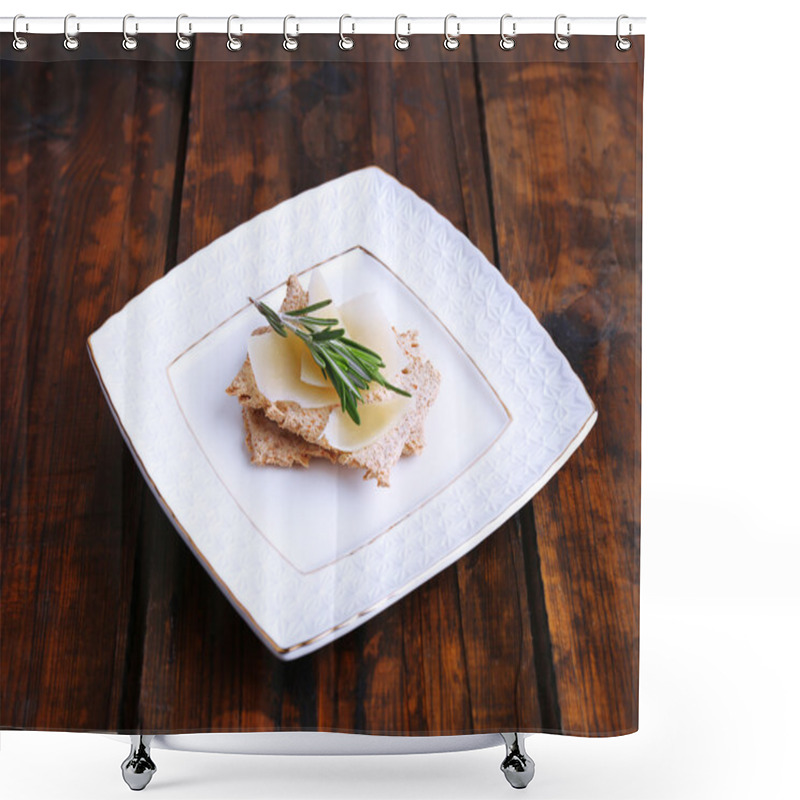 Personality  Crispbread With Slices Of Parmesan Cheese With Sprig Of Rosemary On Plate On Wooden Table Background Shower Curtains