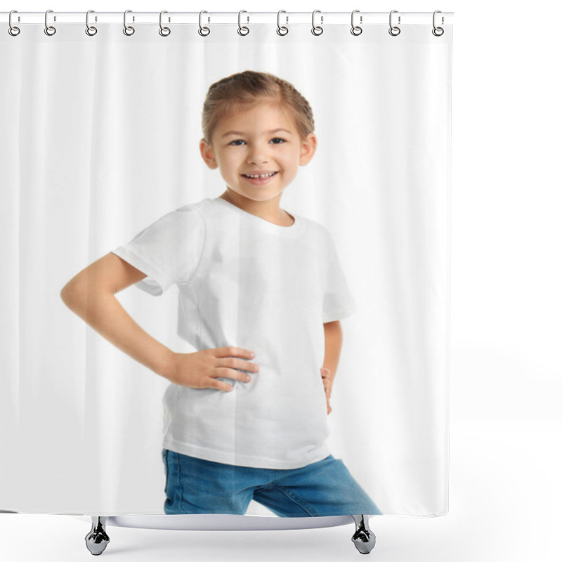 Personality  Little Girl In T-shirt On White Background. Mockup For Design Shower Curtains