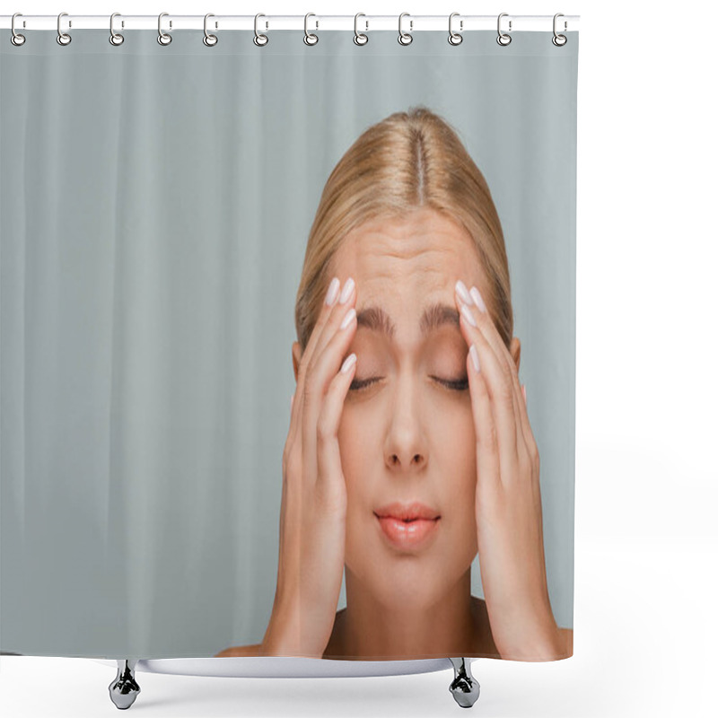 Personality  Woman With Wrinkles On Face Isolated On Grey  Shower Curtains