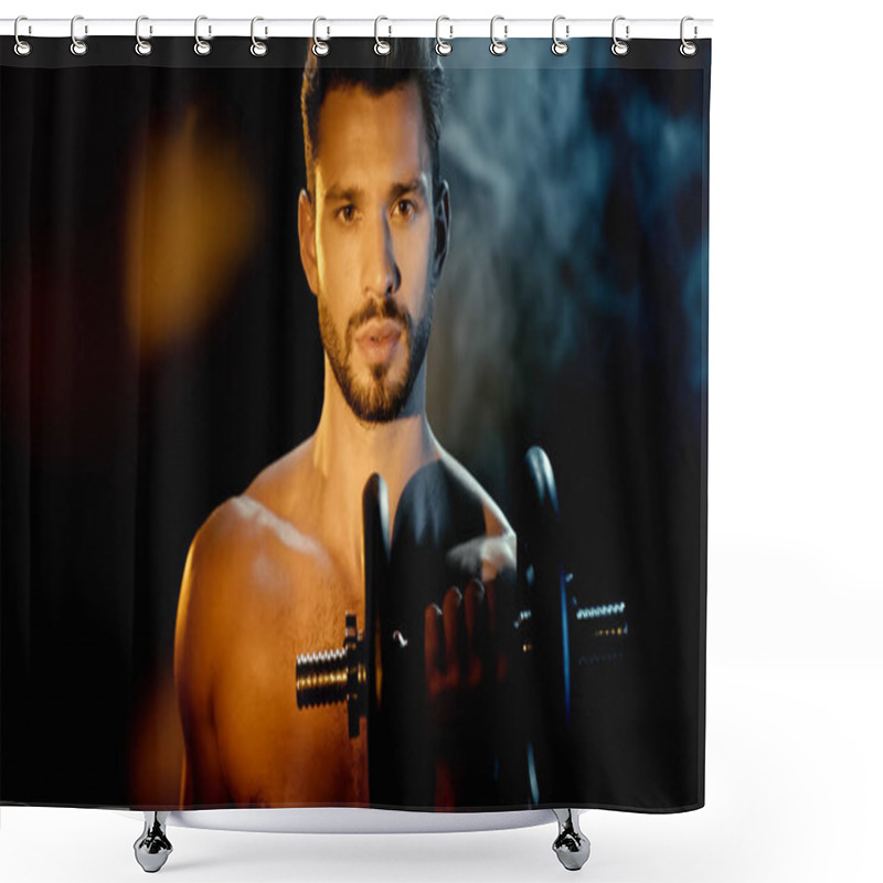 Personality  Shirtless And Muscular Sportsman Training With Dumbbell Near Smoke On Black Shower Curtains