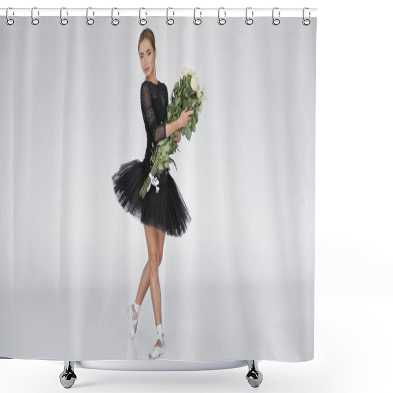 Personality  Young Ballerina Holding Roses And Performing Classical Ballet Dance On White  Shower Curtains