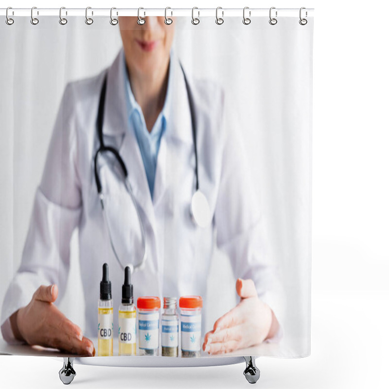 Personality  Cropped View Of Doctor Pointing With Hands At Bottles With Medical Cannabis And Cbd Lettering  Shower Curtains