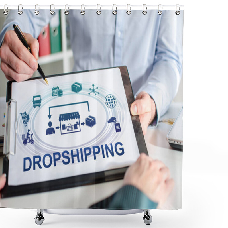 Personality  Businessman Showing Dropshipping Concept On A Clipboard Shower Curtains