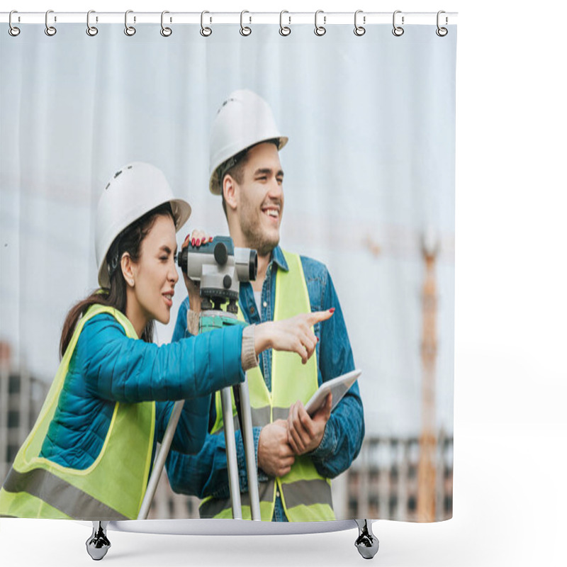 Personality  Surveyor Looking Through Digital Level And Pointing Away To Colleague With Tablet Shower Curtains