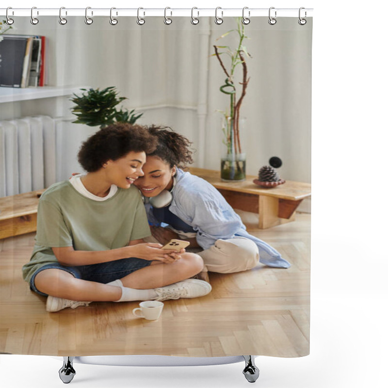 Personality  A Joyful Couple Shares Laughter While Exploring Their Favorite App Together. Shower Curtains