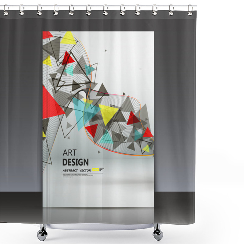 Personality  Abstract Composition, Text Frame, Flying Triangle Curve Line Icon, Red, Yellow, Blue Figure Construction, White Backdrop, Interlocking Band Weave, A4 Brochure Title Sheet, Technology Surface, Flier Fashion, Daily Periodical Issue, EPS10 Illustration Shower Curtains