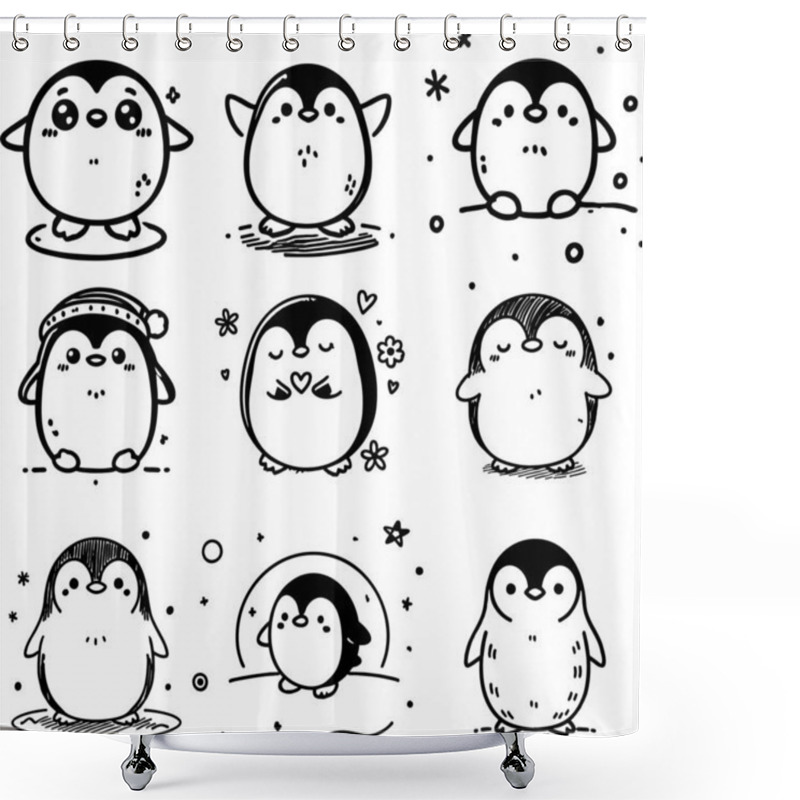 Personality  Hand Drawn Cute Baby Penguins Collection In Minimalist Doodle Art Style Shower Curtains