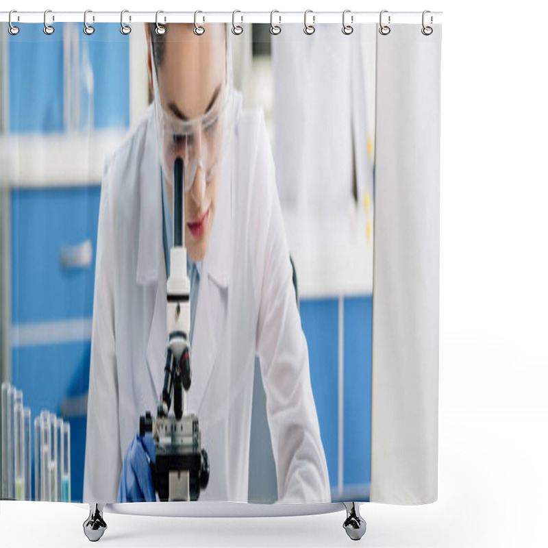 Personality  Panoramic Shot Of Molecular Nutritionist Using Microscope In Lab  Shower Curtains