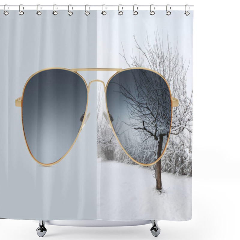 Personality  Aviator Sunglasses Isolated On Blue And Winter Background With Snow Covered Trees, Concept Of Polarized Protective Lenses Shower Curtains