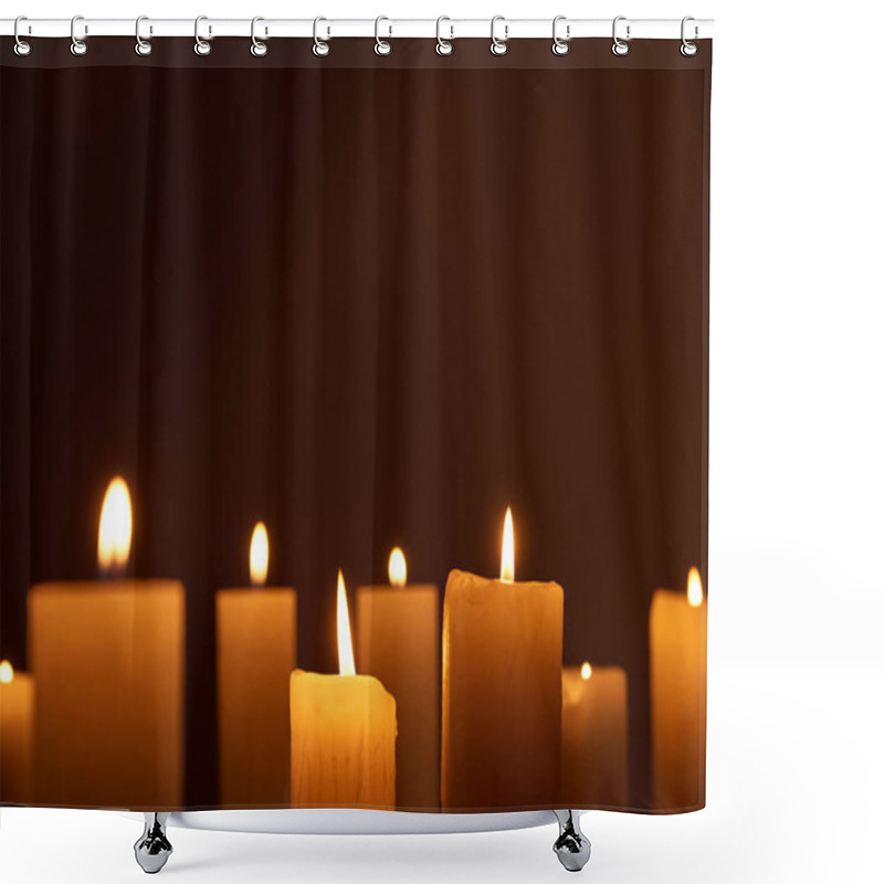 Personality  Selective Focus Of Burning Candles Glowing In Dark Shower Curtains