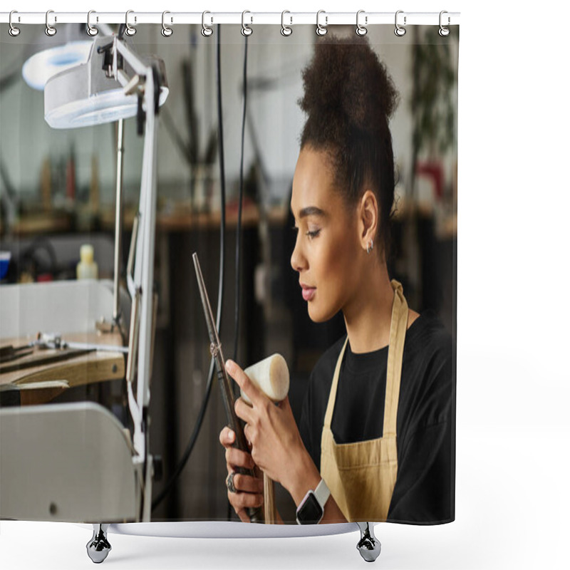 Personality  A Skilled Woman Meticulously Designing Stunning Jewelry While Working In Her Workshop. Shower Curtains