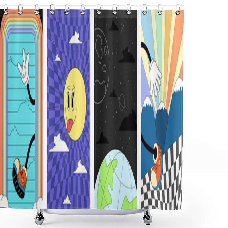 Personality  Retro Abstract Poster Set With Groovy Boho Vibes. Psychedelic Graphic Art Featuring Sun, Moonlit Sky And Landscapes. Vintage Inspired Prints Blending Y2K Aesthetics With Hippie Style Creative Elements Shower Curtains