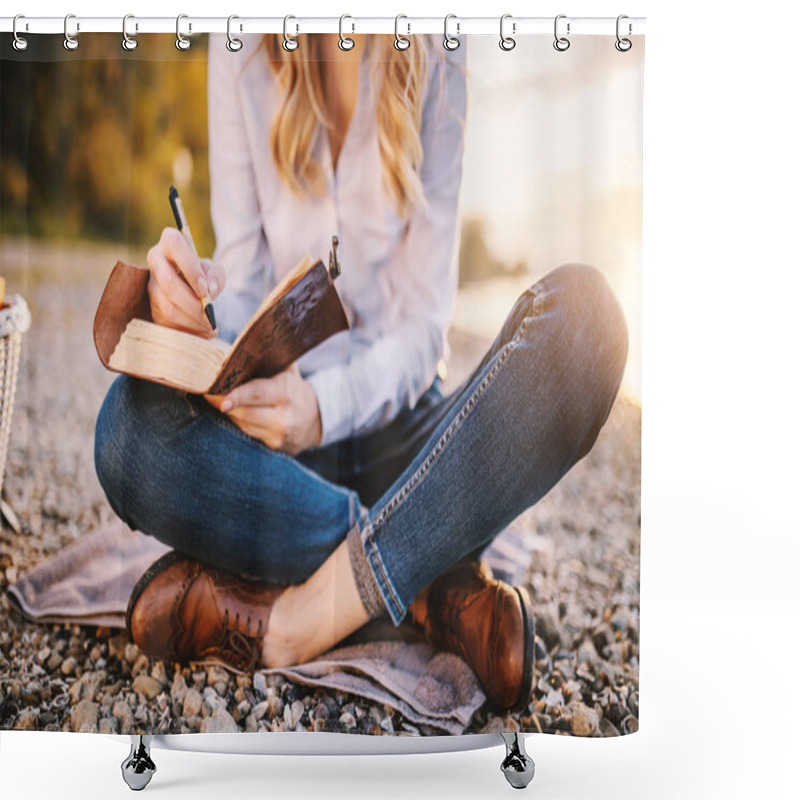 Personality  Cropped Picture Of Focused Fashionable Beautiful Woman Sitting Near River And Holding Notebook. Shower Curtains