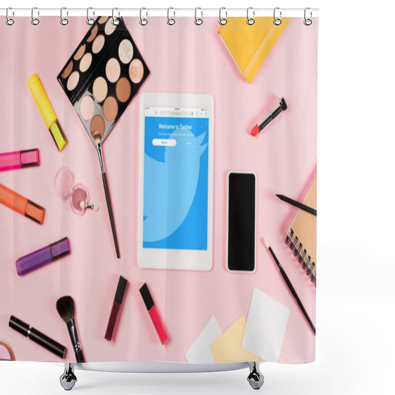 Personality  KYIV, UKRAINE - MAY 11, 2019: Top View Of Digital Tablet With Twitter App On Screen, Smartphone With Blank Screen, Highlighters And Decorative Cosmetics On Pink Shower Curtains