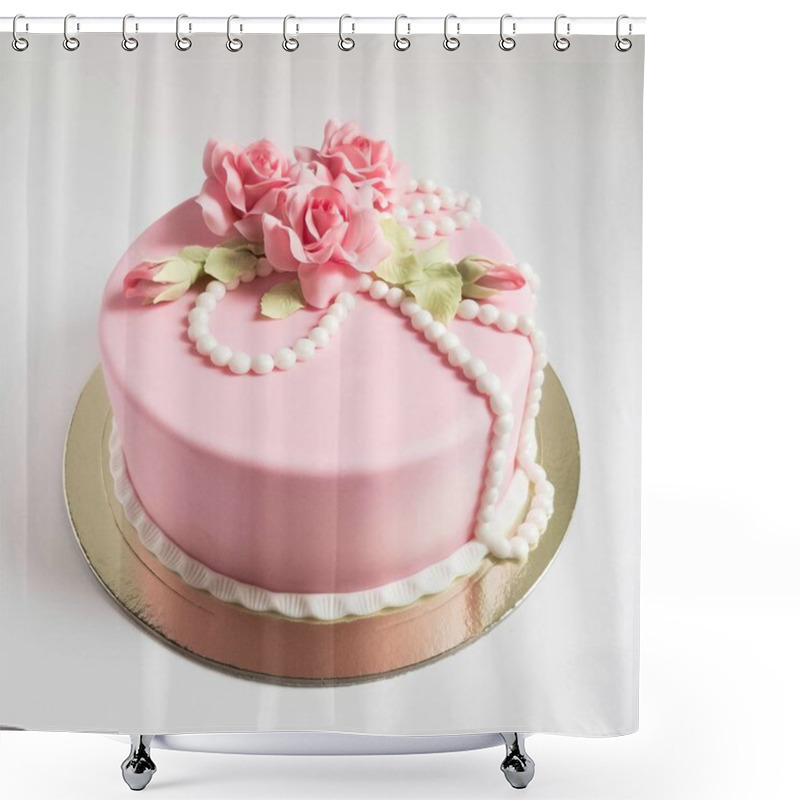 Personality  Pink Birthday Fondant Cake With Edible Sugar Roses, Grean Sweet Leaves, Sugar Beads Shower Curtains