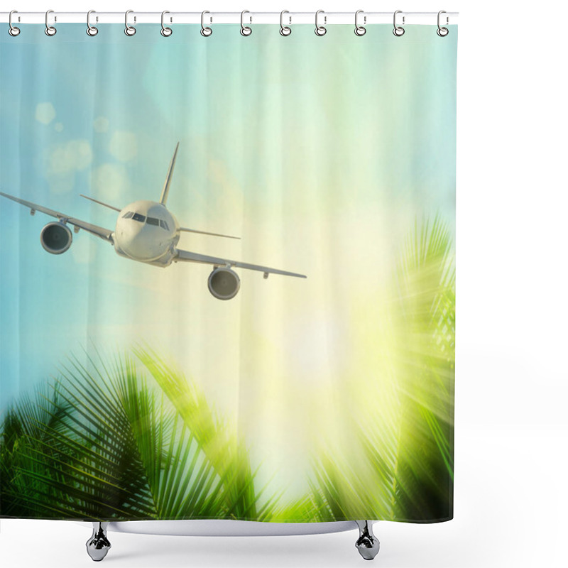 Personality  Travel Concept With Aircraft, Clouds And Palm Trees Shower Curtains