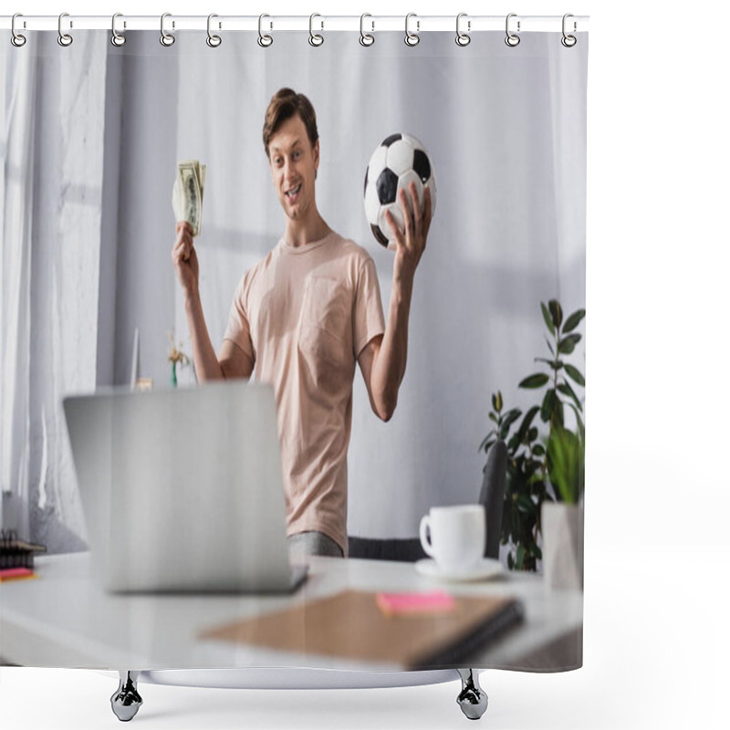 Personality  Selective Focus Of Cheerful Man Holding Football And Money Near Laptop At Home, Concept Of Earning Online Shower Curtains