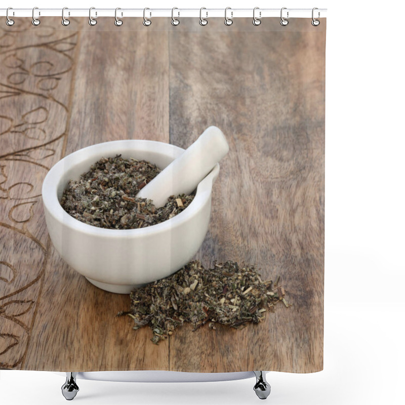 Personality  Mugwort Leaf Herb Used In Alternative And Chinese Herbal Medicine To Stimulate Gastric Juices And Bile Secretion, As A Liver Tonic And Sedative. In A Mortar With Pestle On Rustic Wood Background. Artemesia Vulgaris. Shower Curtains