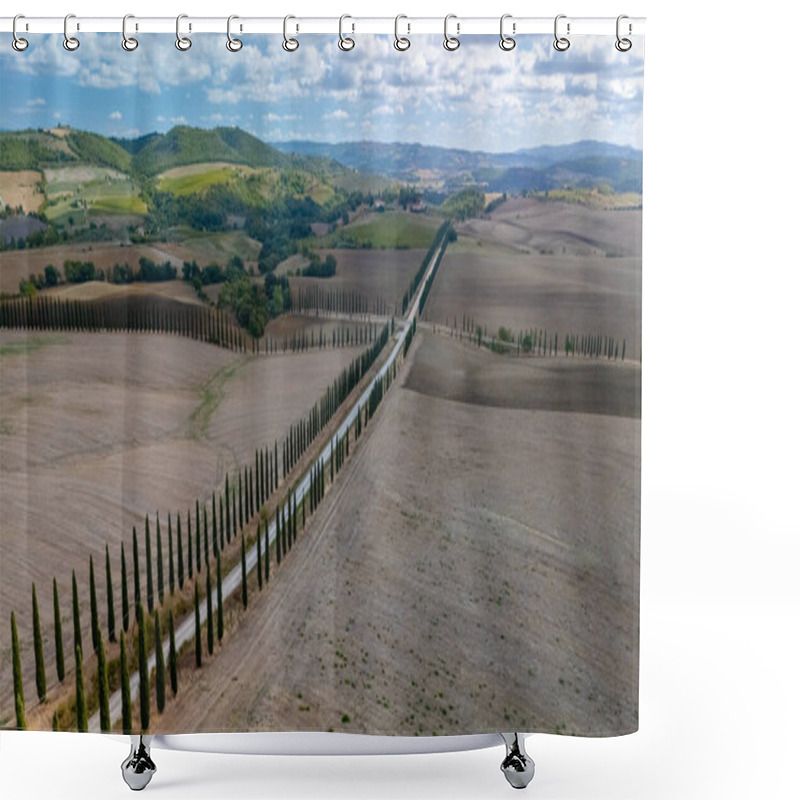 Personality  A Picturesque Pathway Flanked By Tall Cypress Trees Winds Through The Serene Fields Of Tuscany, Showcasing The Enchanting Landscape During The Harvest Season, With Rolling Hills In The Distance. Shower Curtains