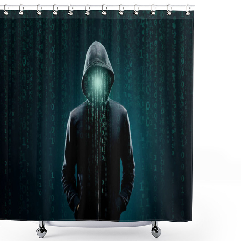 Personality  Computer Hacker In Hoodie. Obscured Dark Face. Data Thief, Internet Fraud, Darknet And Cyber Security Concept. Shower Curtains