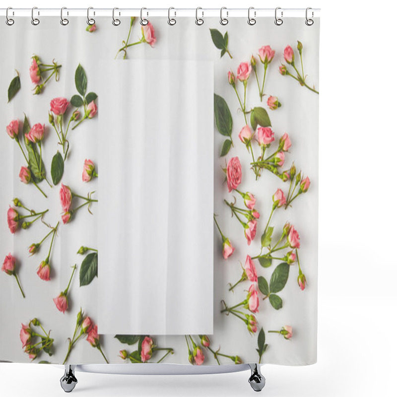 Personality  Top View Of Blank Card And Beautiful Pink Roses With Green Leaves On Grey  Shower Curtains