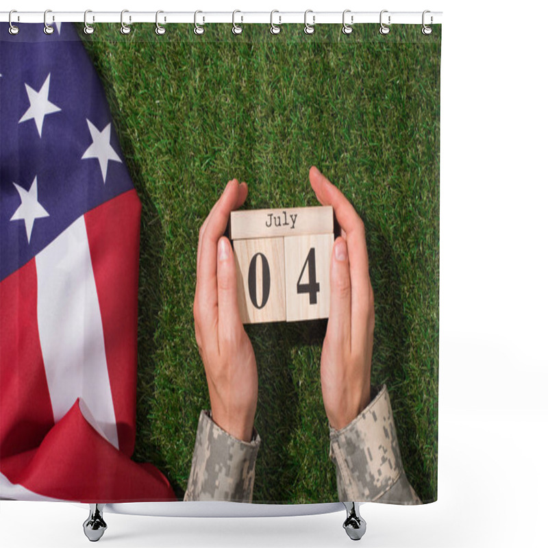 Personality  Cropped Shot Of Soldier In Military Uniform Holding Calendar With 4th July Date With American Flag On Green Grass, Americas Independence Day Concept Shower Curtains