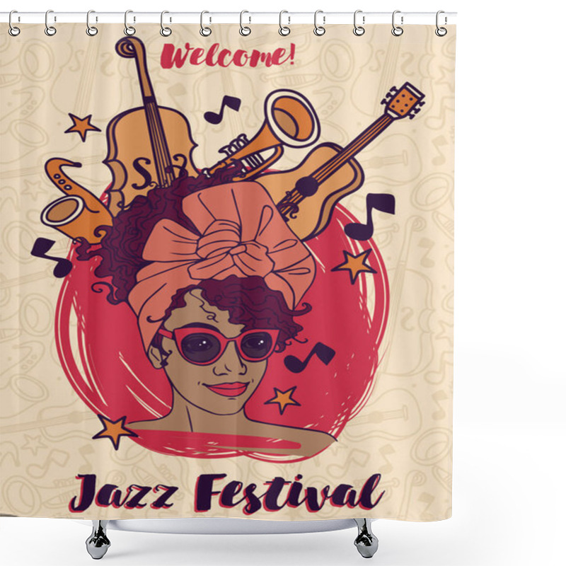 Personality  Fashion Modern Woman And Musical Instruments, Jazz Festival Poster Shower Curtains