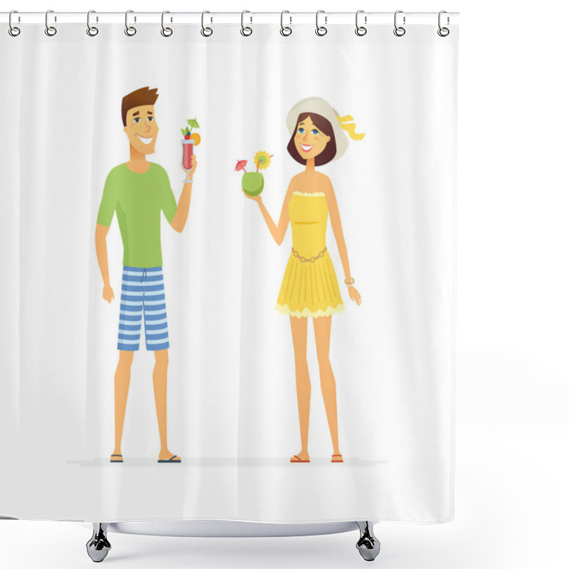 Personality  Young Couple On Beach Holiday - Cartoon People Character Isolated Illustration Shower Curtains