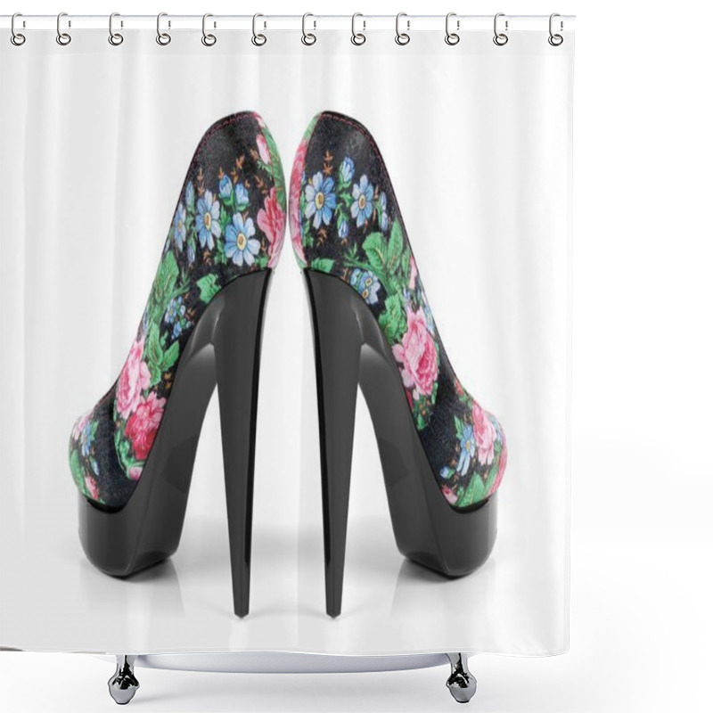 Personality  Female High Heeled Shoes With Flower Pattern Isolated, Rear View Shower Curtains