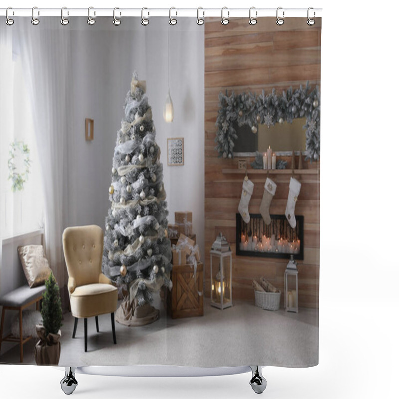 Personality  Festive Interior With Beautiful Christmas Tree And Gifts Shower Curtains