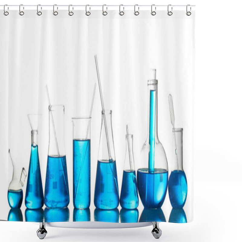 Personality  Test-tubes With Blue Liquid Isolated On White Shower Curtains