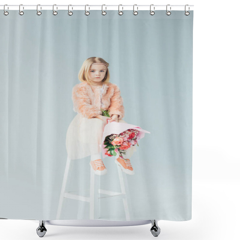 Personality  Pensive Kid In Faux Fur Coat And Skirt Sitting On Highchair And Holding Bouquet Shower Curtains