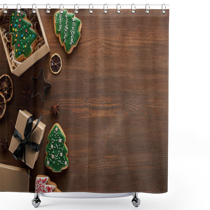 Personality  Top View Of Christmas Tree Cookie In Gift Box On Wooden Table With Dried Citrus And Anise Shower Curtains