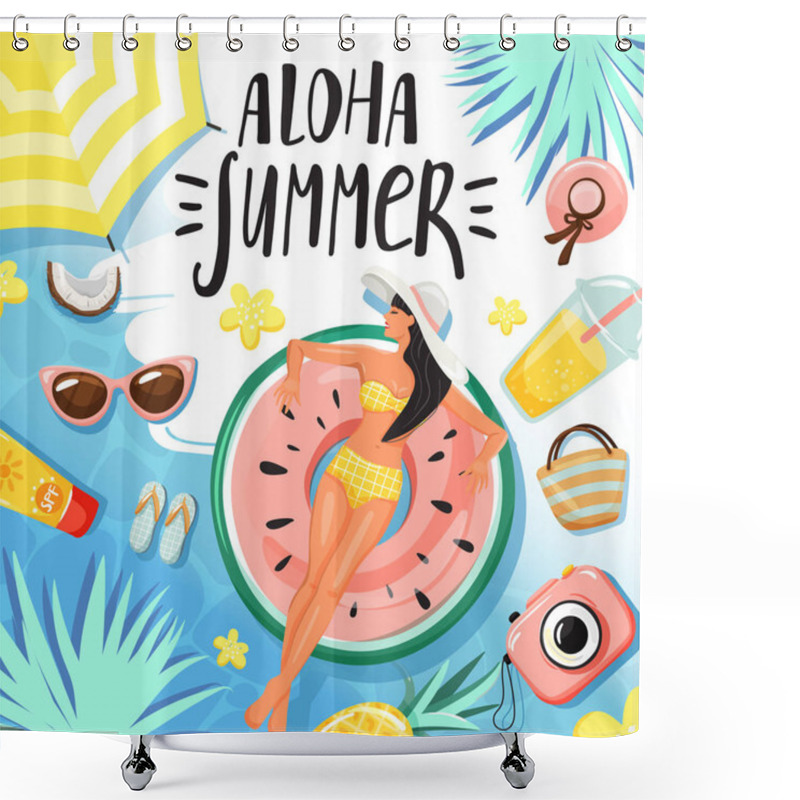 Personality  Set Of Summer Elements. Women Floating And Sunbathing On Inflatable Ring. Shower Curtains