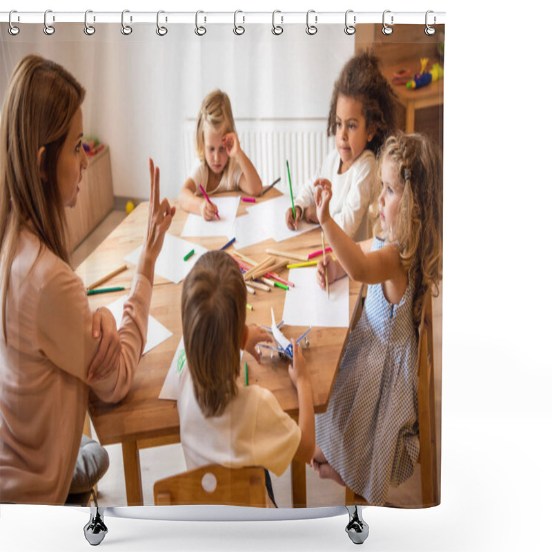 Personality  Educator Teaching Adorable Multicultural Children Counting And Showing Number With Fingers In Kindergarten Shower Curtains