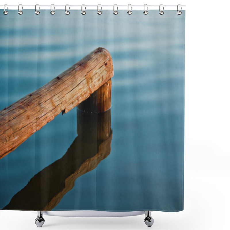 Personality  Old Pier Wooden Pole On A Calm Tide, Close-up. Shower Curtains