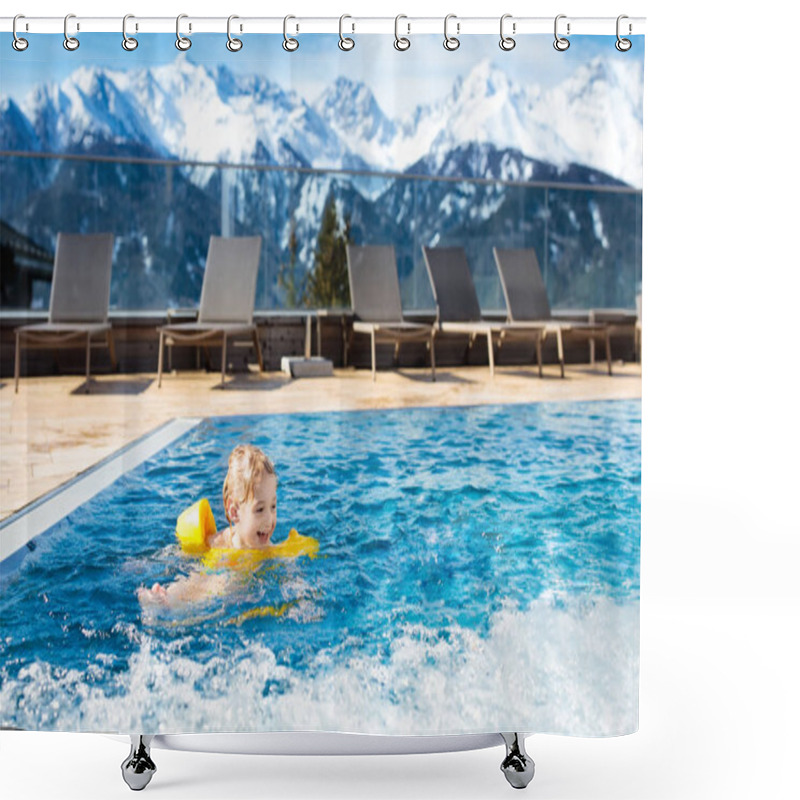 Personality  Child In Outdoor Swimming Pool Of Alpine Resort Shower Curtains