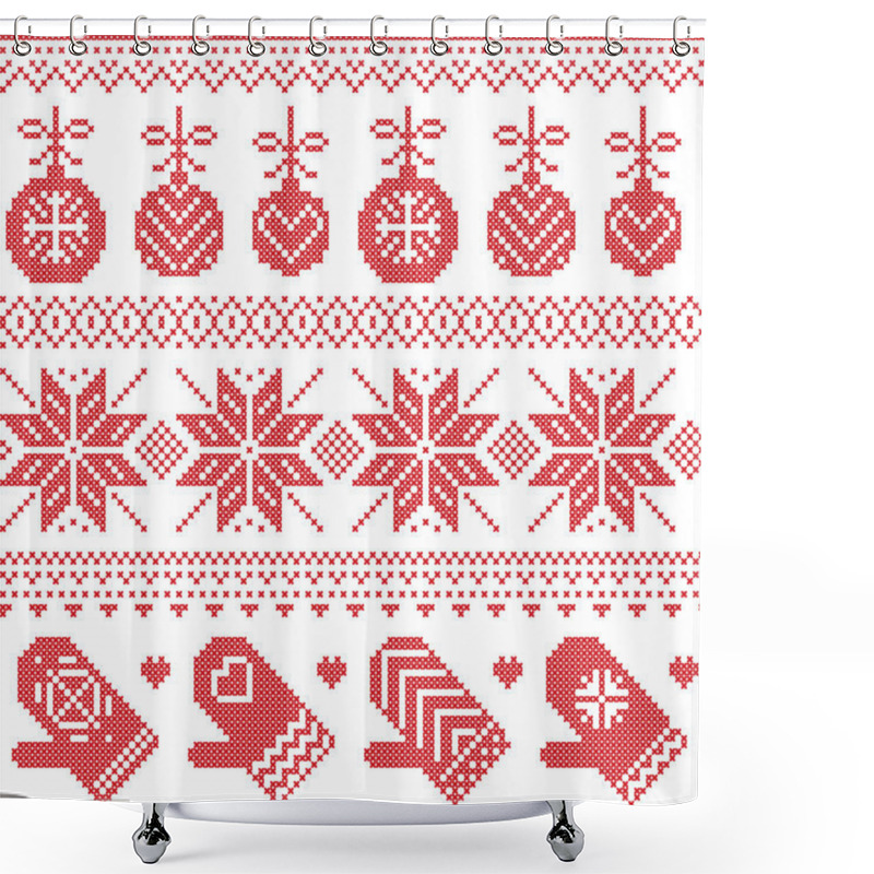 Personality  Scandinavian Nordic Seamless Christmas Pattern With Xmas Baubles, Gloves, Stars, Snowflakes, Xmas Ornaments, Snow Element, Hearts In Red Cross Stitch Shower Curtains