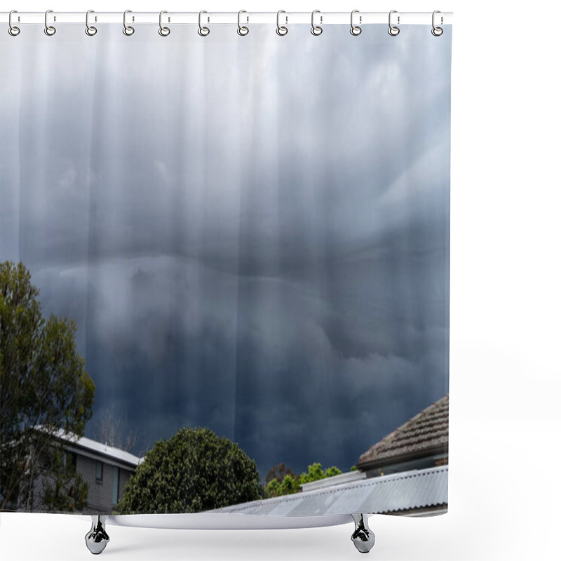 Personality  The Storm Is Coming. Storm Clouds Above Trees And Roofs. Heavy Torrential Rain. Rainfall Flash Flooding. Metorology Weather Forecast. Low Pressure Area. La Ninan Climate Shower Curtains