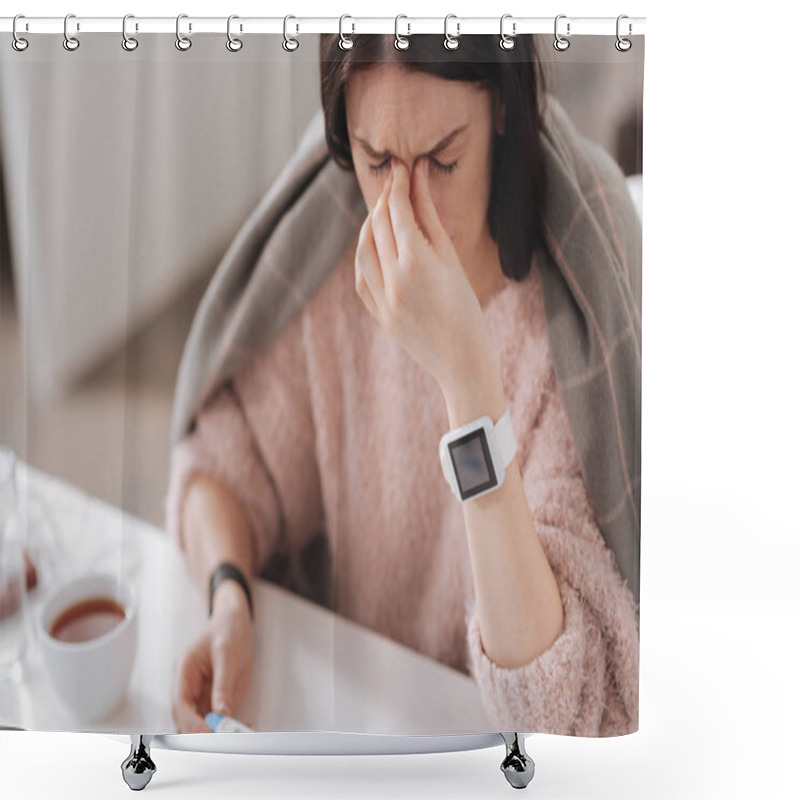 Personality  Sick Woman Putting Fingers On Her Nose Shower Curtains