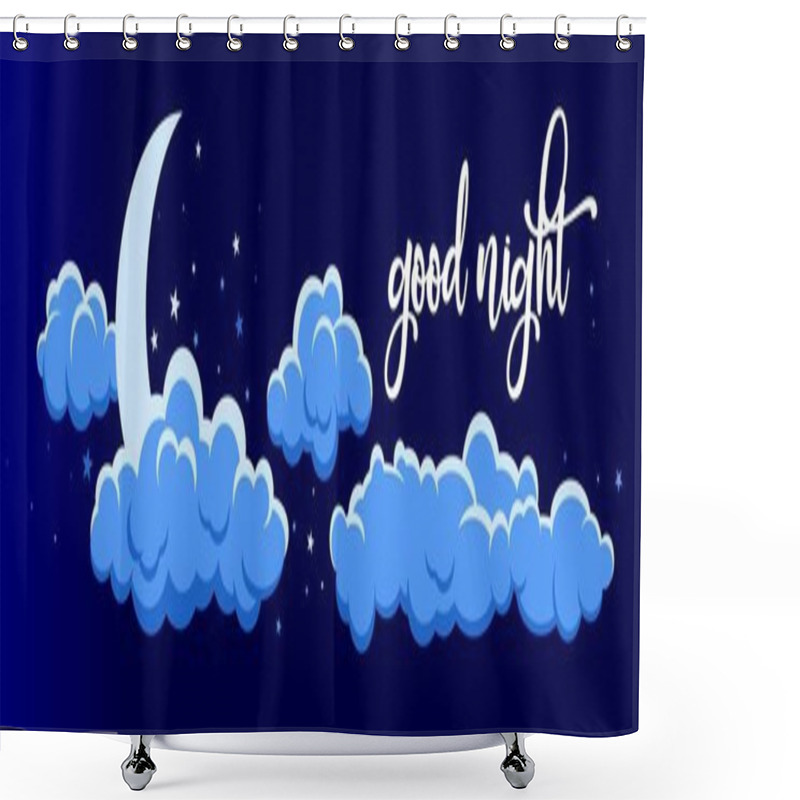 Personality  Cartoon Clouds And Moon Isolated On Night Sky. Moon Light In Clouds Vector Collection. Cloudscape In Dark Blue Sky, Night Clouds Illustration. Good Night Shower Curtains