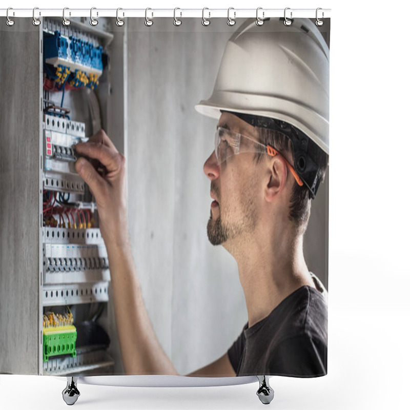 Personality  Man, An Electrical Technician Working In A Switchboard With Fuses. Installation And Connection Of Electrical Equipment. Shower Curtains