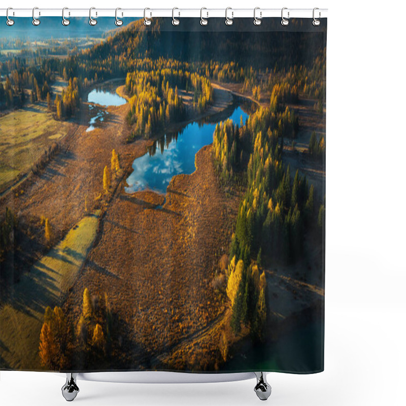 Personality  Aerial View Of Vibrant Autumn Forest Surrounding Calm Reflective Water. Serene Nature Scene Highlighting Colorful Trees And Tranquil Atmosphere In Seasonal Setting. Shower Curtains