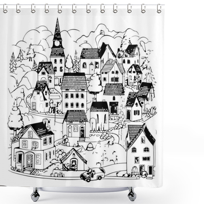 Personality  Black And White Illustration Of Scenic Christmas Village Shower Curtains