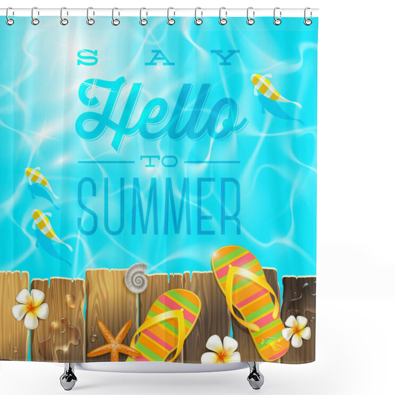 Personality  Flip-flop On Old Wooden Plank Platform Over Azure Water With Tropical Fishes - Vector Illustration With Summer Holidays Greeting Shower Curtains