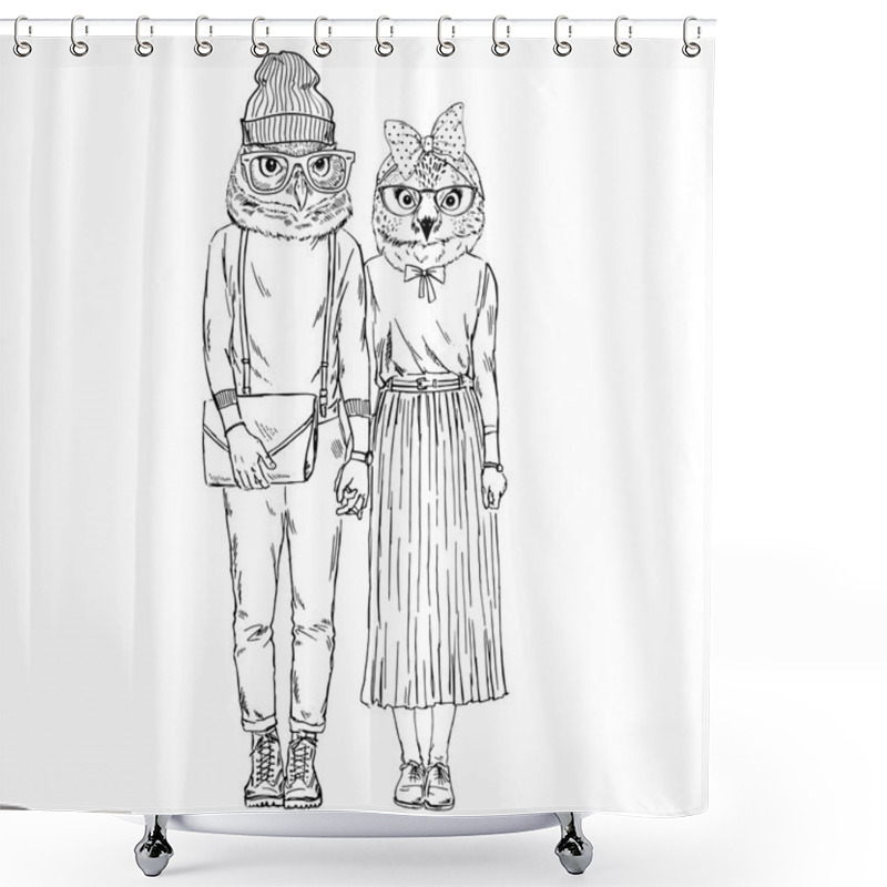 Personality  Furry Owls Hipsters Couple Shower Curtains