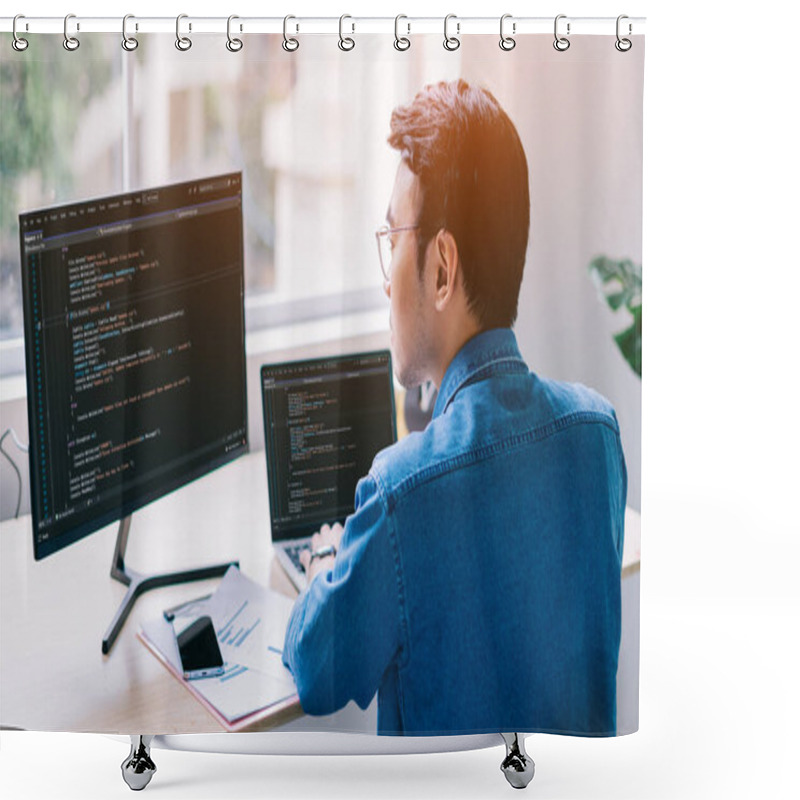 Personality  Young Asian Programmer Working At Office Shower Curtains